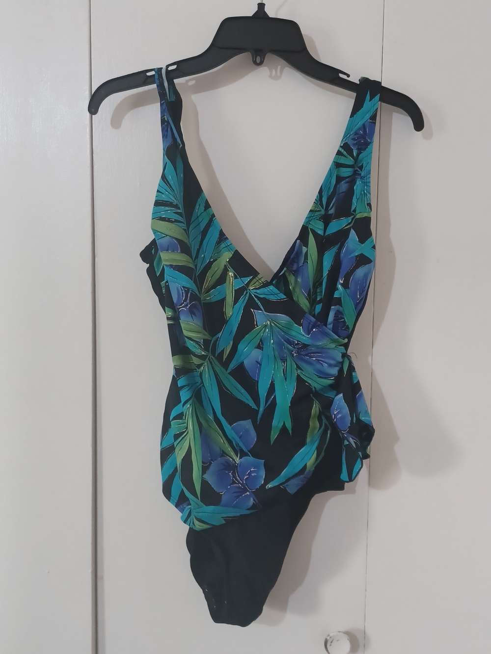 Black Tropical One-Piece Swimsuit with Teal Floral Print